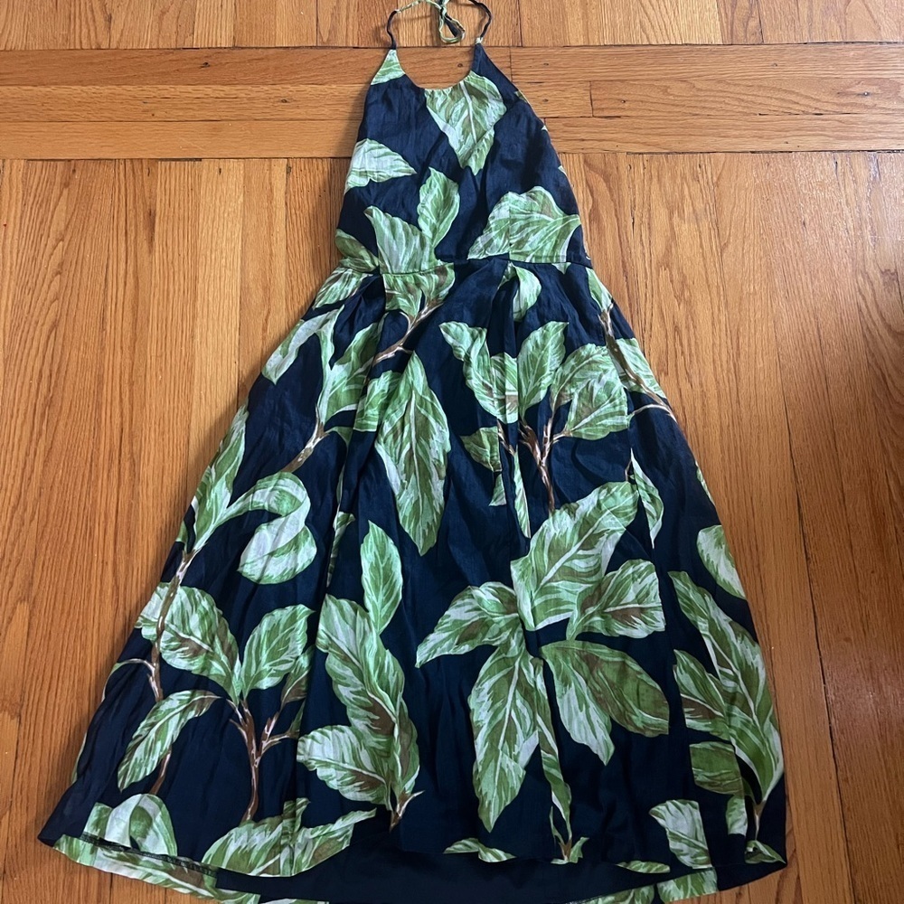 Ann Taylor Factory Navy Midi Dress with Green Leaf Print - Picture 2 of 4